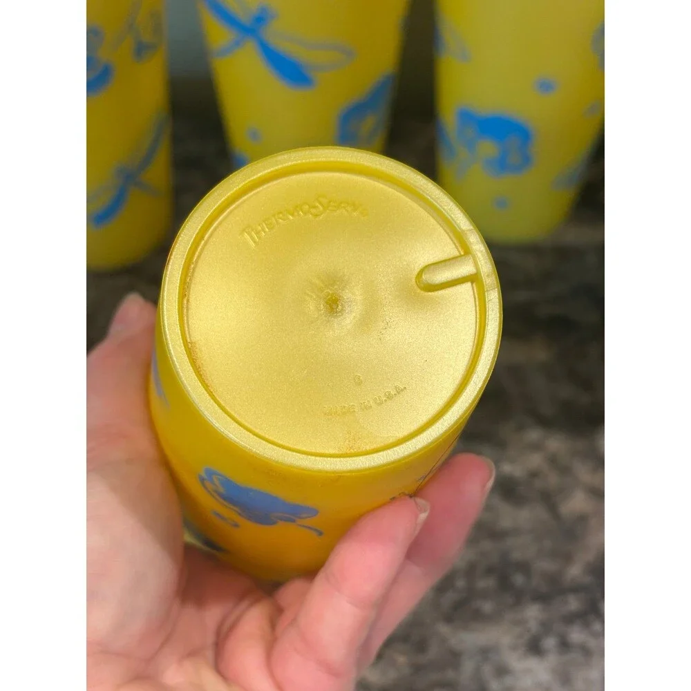 Thermo-serv USA vintage yellow blue dragonfly floral cup tumbler lot 20 oz mcm